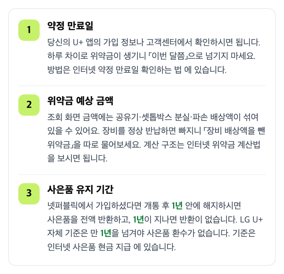 해지 전에 세 가지를 먼저 확인하세요: 약정 만료일 / 위약금 예상 금액 / 사은품 유지 기간