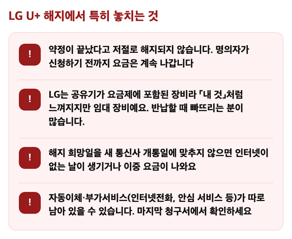 LG U+ 해지에서 특히 놓치는 것: 약정이 끝났다고 저절로 해지되지 않습니다. 명의자가 신청하기 전까지 요금은 계속 나갑니다 / LG는 공유기가 요금제에 포함된 장비라 