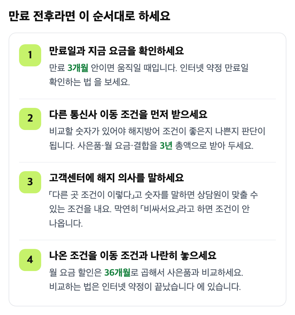 만료 전후라면 이 순서대로 하세요: 만료일과 지금 요금을 확인하세요 / 다른 통신사 이동 조건을 먼저 받으세요 / 고객센터에 해지 의사를 말하세요 / 나온 조건을 이동 조건과 나란히 놓으세요