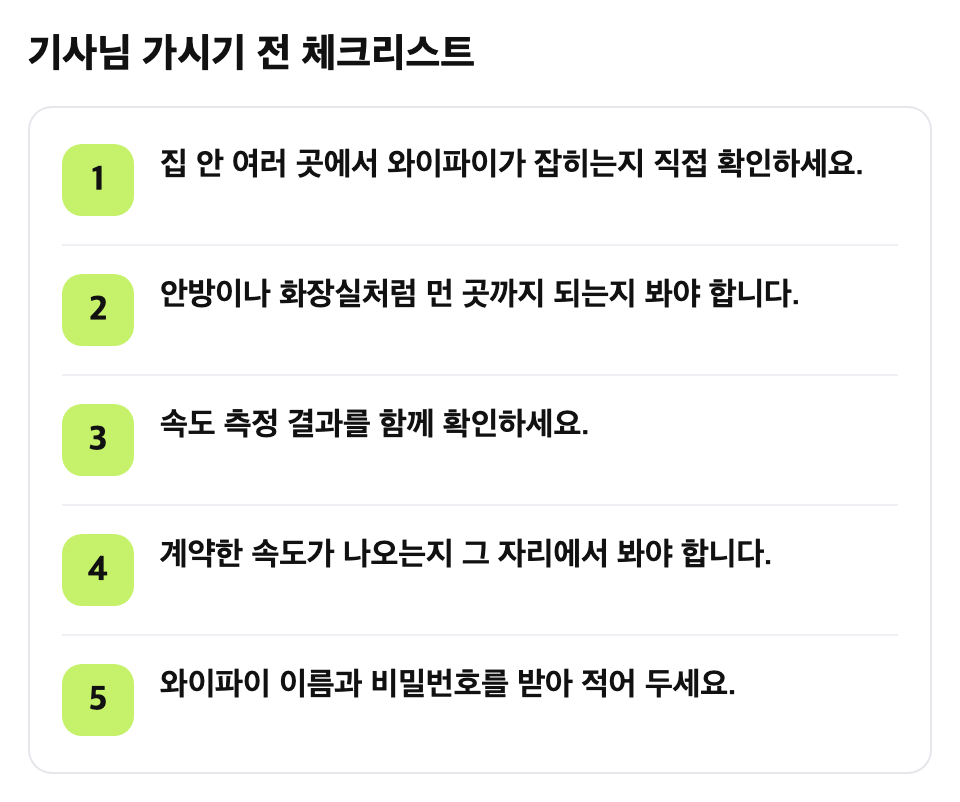 기사님 가시기 전 체크리스트: 집 안 여러 곳에서 와이파이가 잡히는지 직접 확인하세요. / 안방이나 화장실처럼 먼 곳까지 되는지 봐야 합니다. / 속도 측정 결과를 함께 확인하세요. / 계약한 속도가 나오는지 그 자리에서 봐야 합니다. / 와이파이 이름과 비밀번호를 받아 적어 두세요.