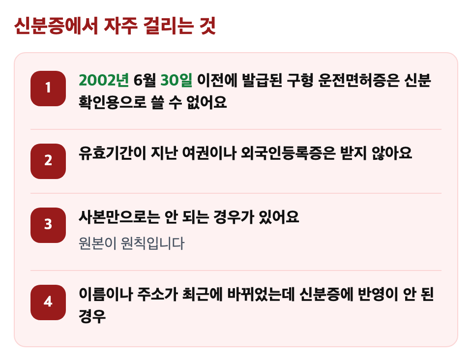 신분증에서 자주 걸리는 것: 2002년 6월 30일 이전에 발급된 구형 운전면허증은 신분 확인용으로 쓸 수 없어요 / 유효기간이 지난 여권이나 외국인등록증은 받지 않아요 / 사본만으로는 안 되는 경우가 있어요 / 이름이나 주소가 최근에 바뀌었는데 신분증에 반영이 안 된 경우