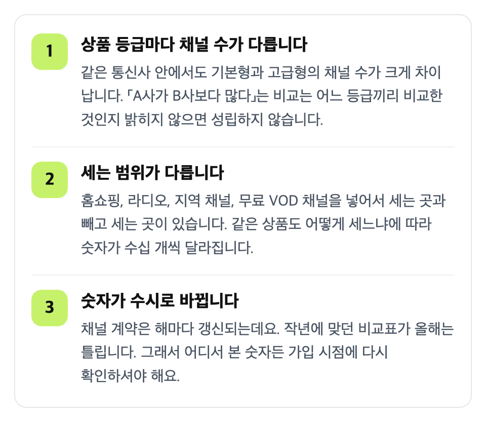 채널 수 비교는 내려놓으세요: 상품 등급마다 채널 수가 다릅니다 / 세는 범위가 다릅니다 / 숫자가 수시로 바뀝니다