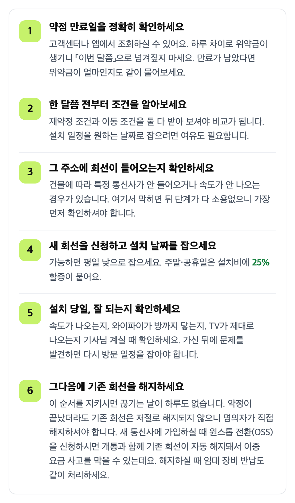 이 순서대로 옮기세요: 약정 만료일을 정확히 확인하세요 / 한 달쯤 전부터 조건을 알아보세요 / 그 주소에 회선이 들어오는지 확인하세요 / 새 회선을 신청하고 설치 날짜를 잡으세요 / 설치 당일, 잘 되는지 확인하세요 / 그다음에 기존 회선을 해지하세요